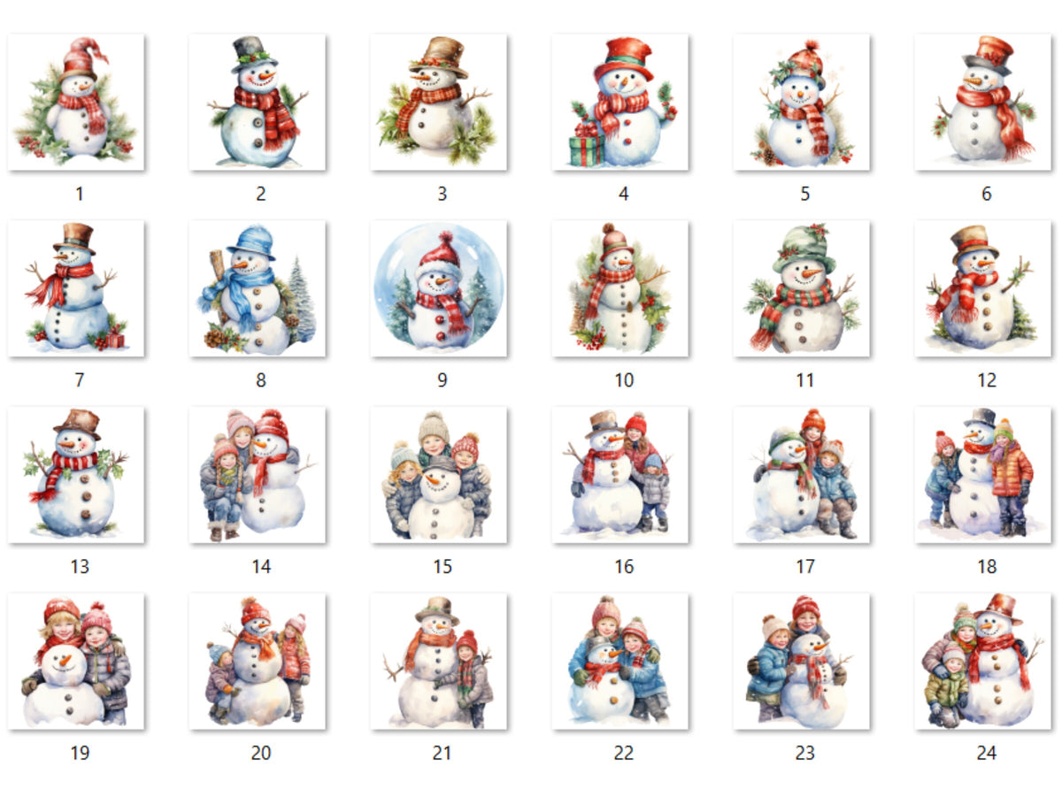 24 PNG Watercolour Christmas Snowman Clipart, Merry Christmas Kids Snow Clip art, Winter Holiday Children graphic png, Xmas Noel Sublimation