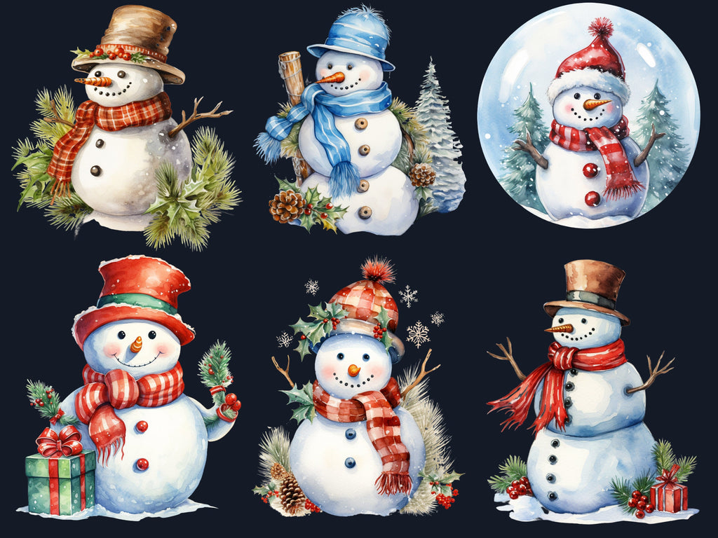24 PNG Watercolour Christmas Snowman Clipart, Merry Christmas Kids Snow Clip art, Winter Holiday Children graphic png, Xmas Noel Sublimation