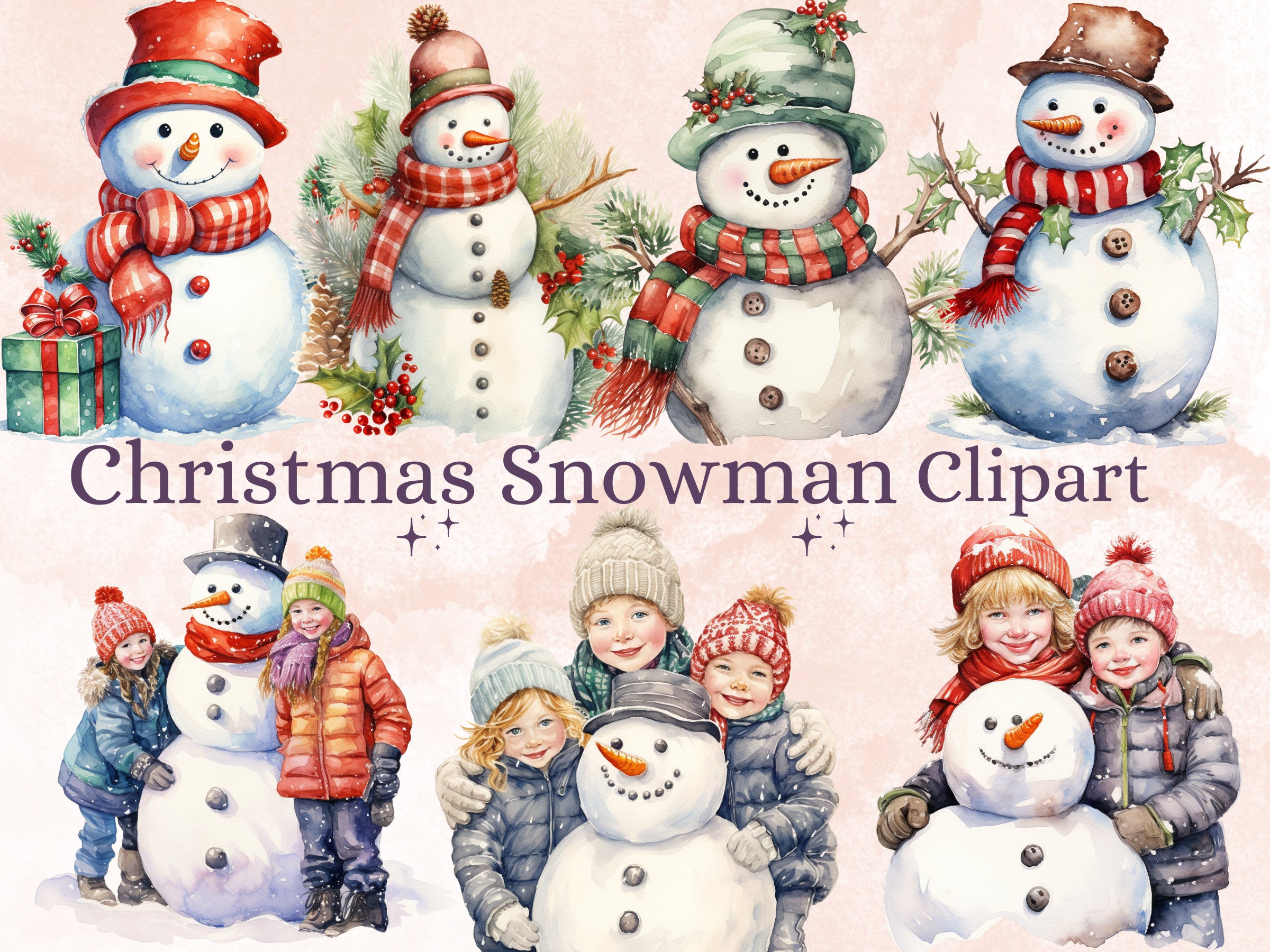 24 PNG Watercolour Christmas Snowman Clipart, Merry Christmas Kids Snow Clip art, Winter Holiday Children graphic png, Xmas Noel Sublimation