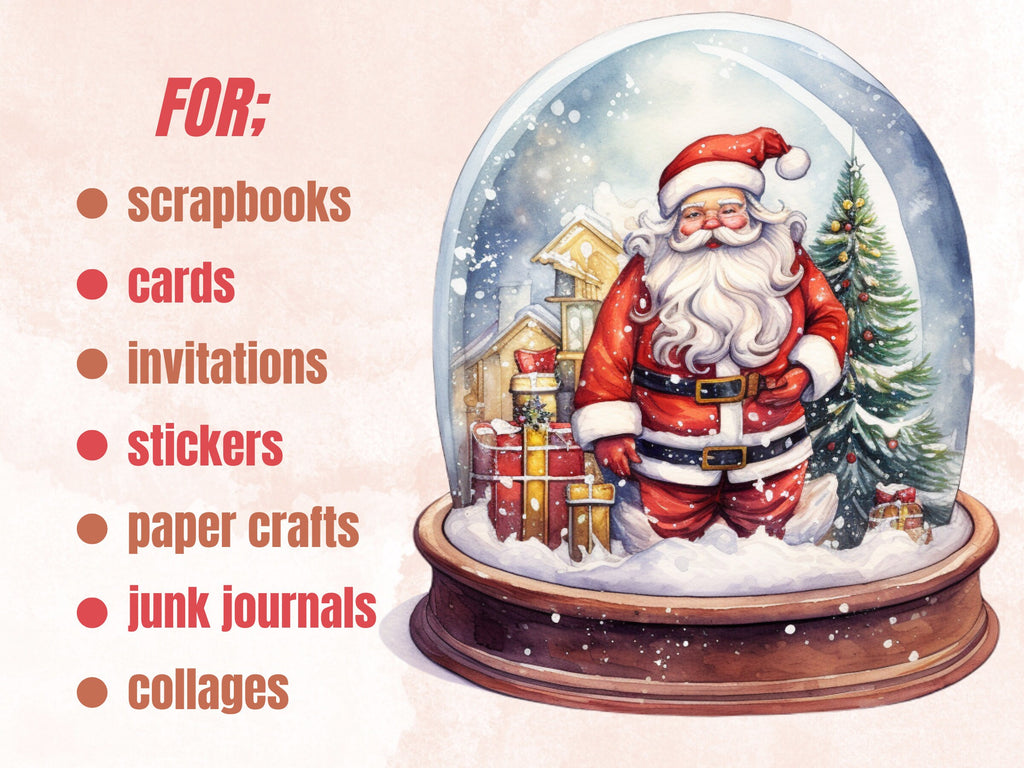 30 PNG Watercolour Christmas Snow Globe Clipart, Merry Christmas Cute Santa Clip art, Winter Wonderland graphic png, Xmas Noel Sublimation