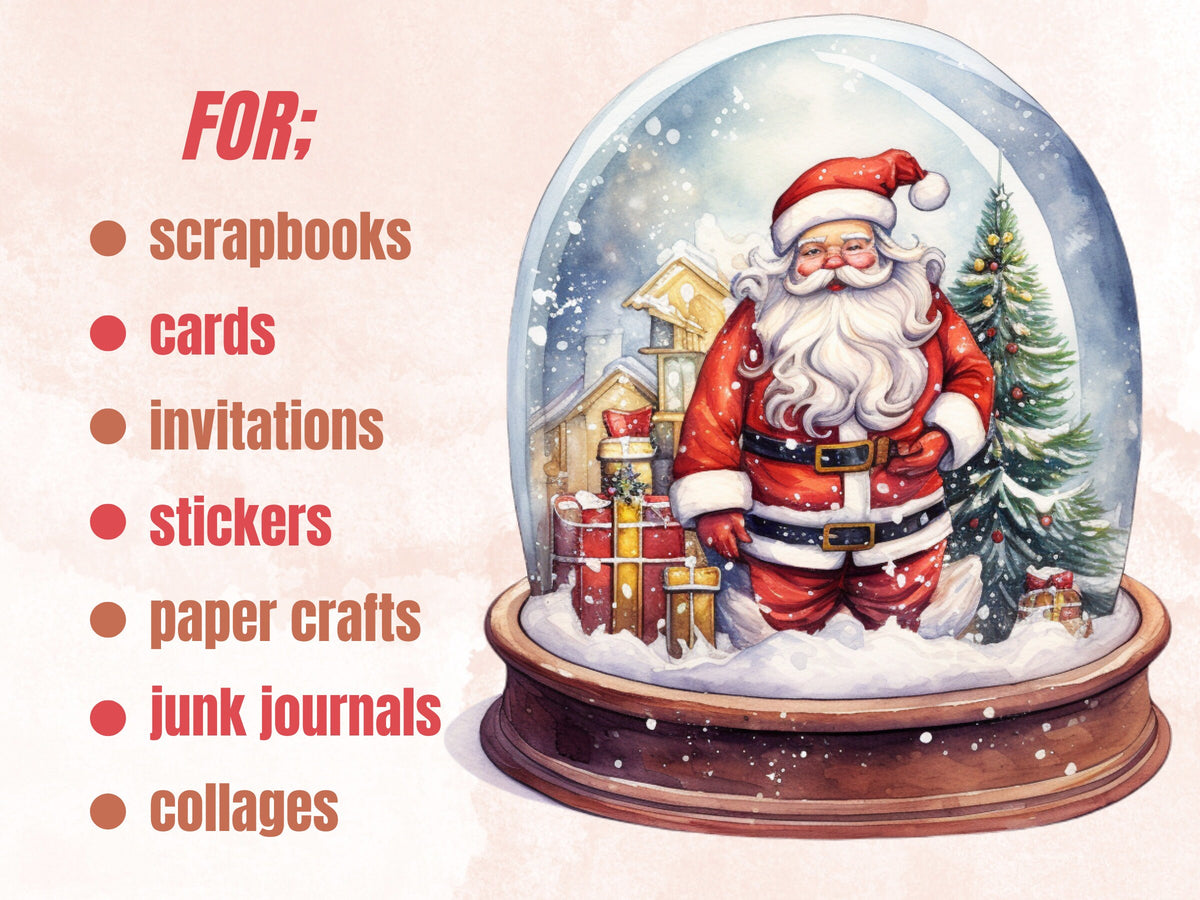 30 PNG Watercolour Christmas Snow Globe Clipart, Merry Christmas Cute Santa Clip art, Winter Wonderland graphic png, Xmas Noel Sublimation
