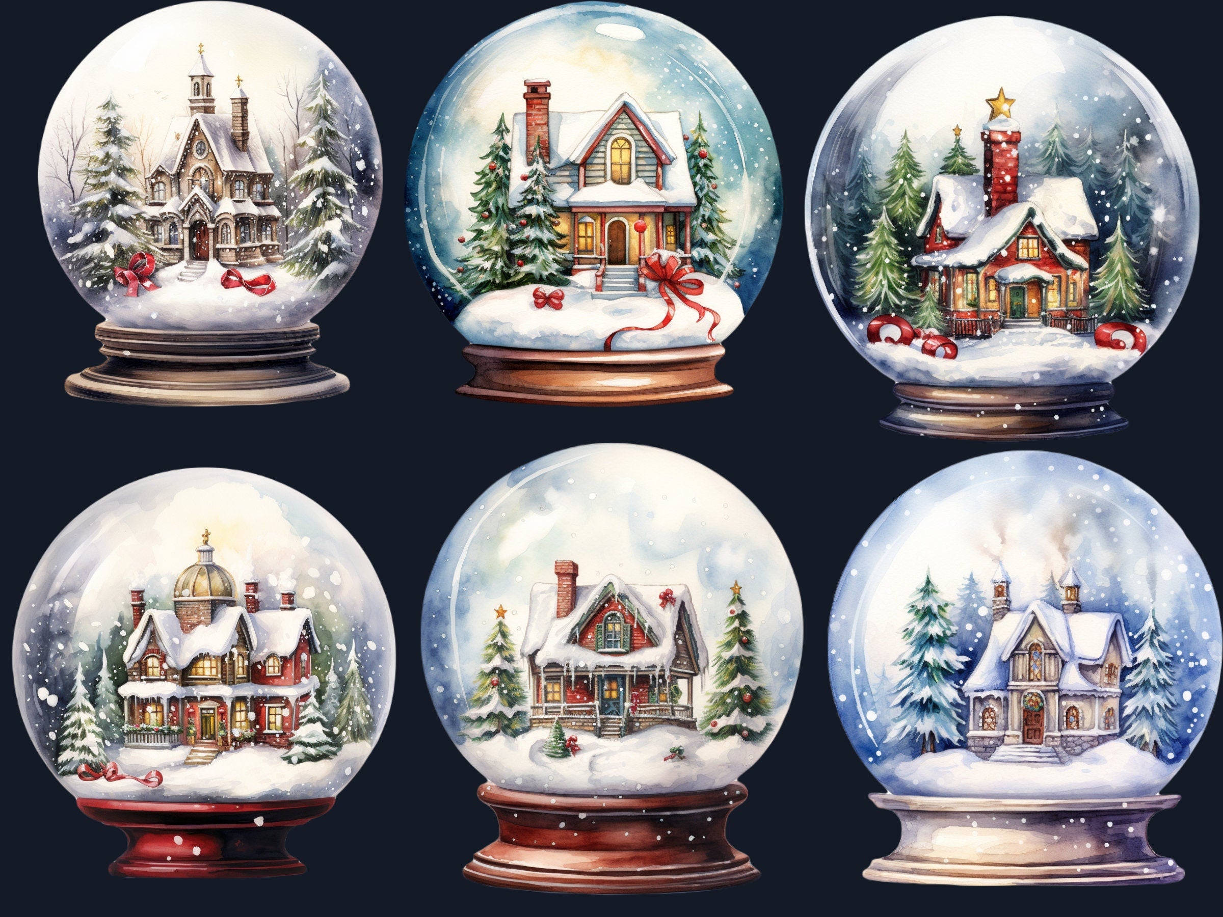 30 PNG Watercolour Christmas Snow Globe Clipart, Merry Christmas Cute Santa Clip art, Winter Wonderland graphic png, Xmas Noel Sublimation