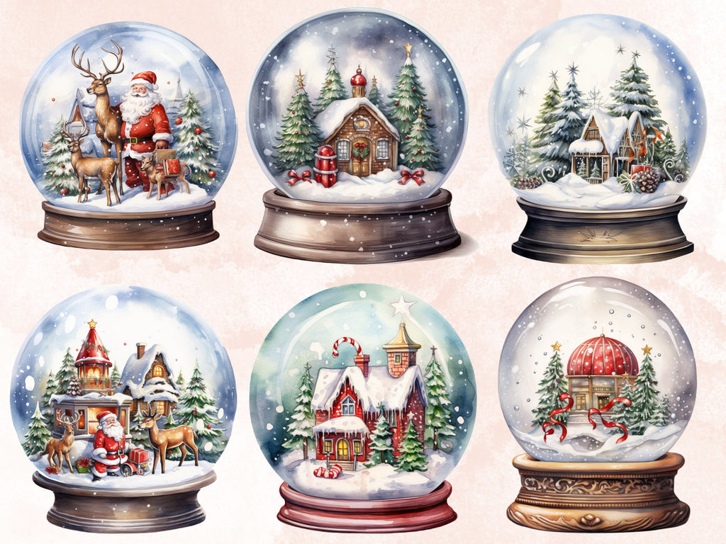 30 PNG Watercolour Christmas Snow Globe Clipart, Merry Christmas Cute Santa Clip art, Winter Wonderland graphic png, Xmas Noel Sublimation