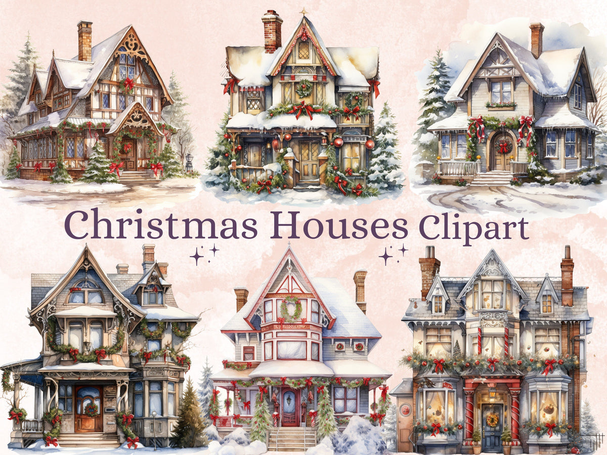 27 PNG Watercolor Christmas House Clipart, Merry Christmas Cottage House Clip art, Winter Village Holiday graphic png, Xmas Noel Sublimation
