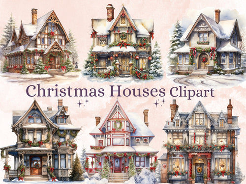 27 PNG Watercolor Christmas House Clipart, Merry Christmas Cottage House Clip art, Winter Village Holiday graphic png, Xmas Noel Sublimation