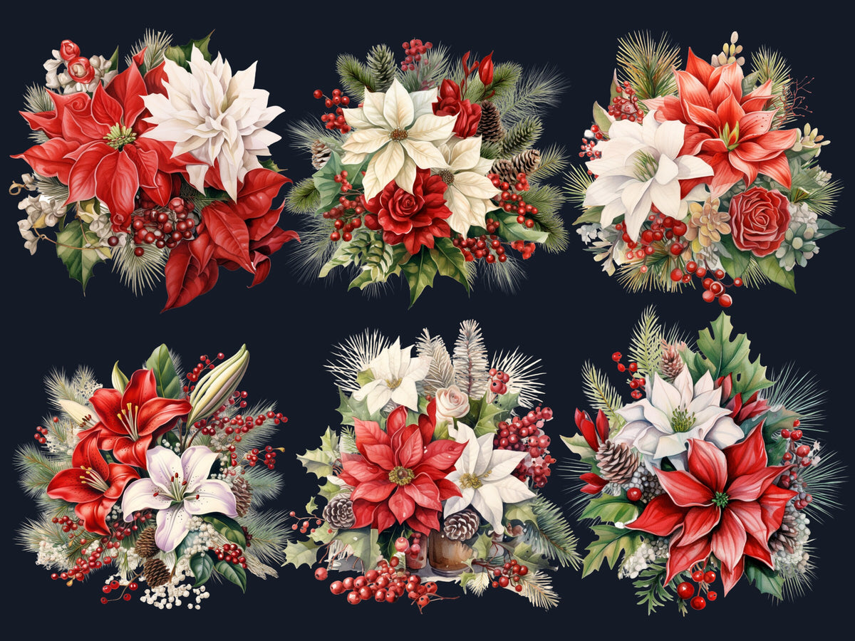 35 PNG Watercolor Christmas Flowers Clipart, Merry Christmas Bouquets Clip art, Winter Arrangement Graphic png, Xmas Noel Sublimation Bundle