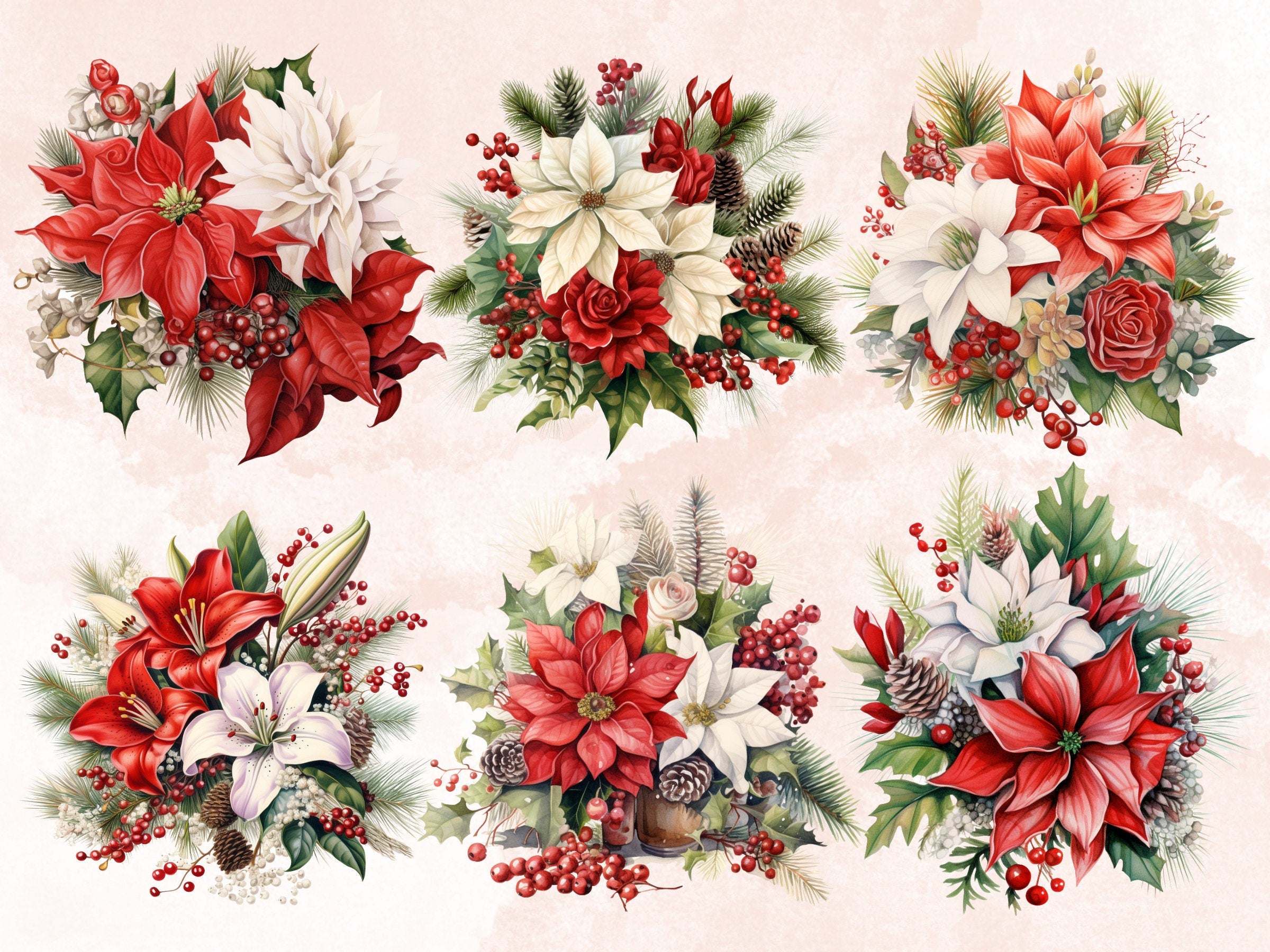 35 PNG Watercolor Christmas Flowers Clipart, Merry Christmas Bouquets Clip art, Winter Arrangement Graphic png, Xmas Noel Sublimation Bundle