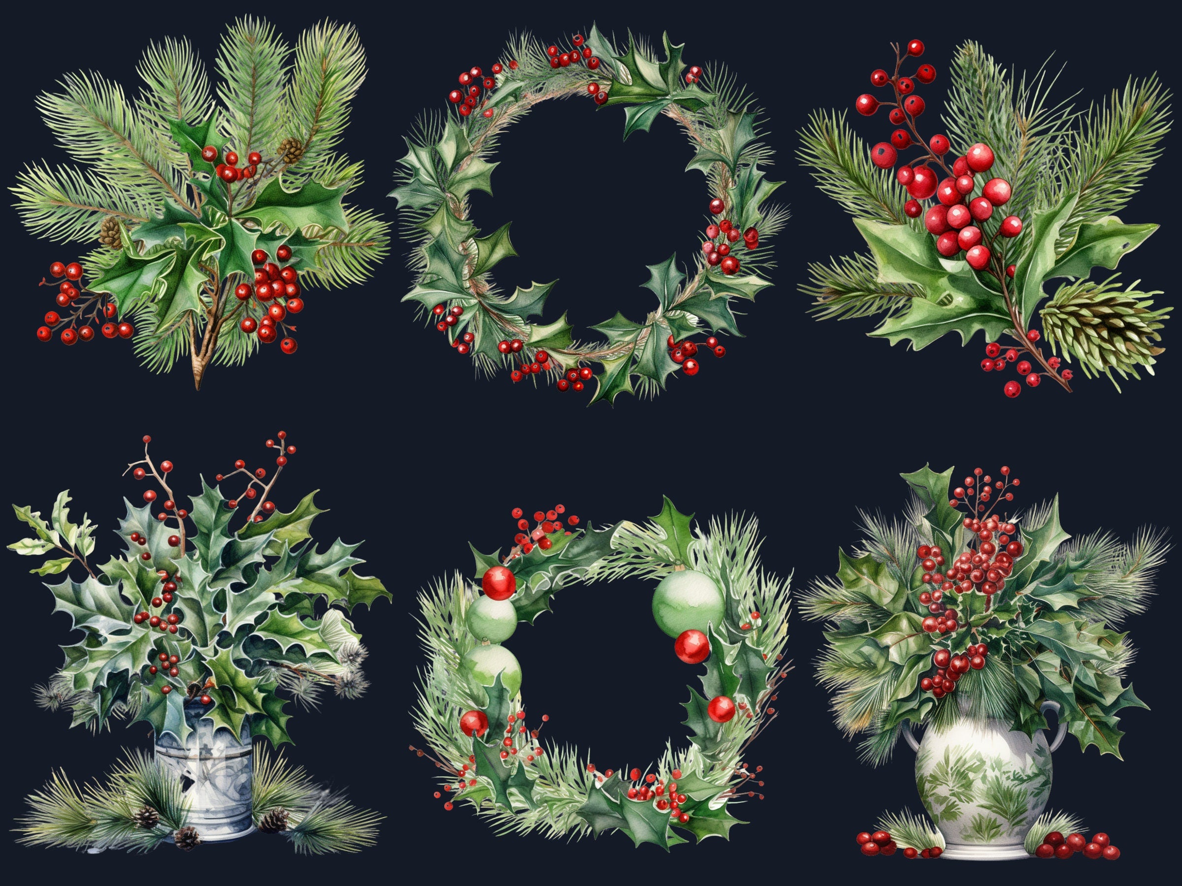 35 PNG Watercolor Christmas Greenery Clipart, Merry Christmas Botanical Clip art, Winter Arrangement Graphic png, Xmas Noel Sublimation