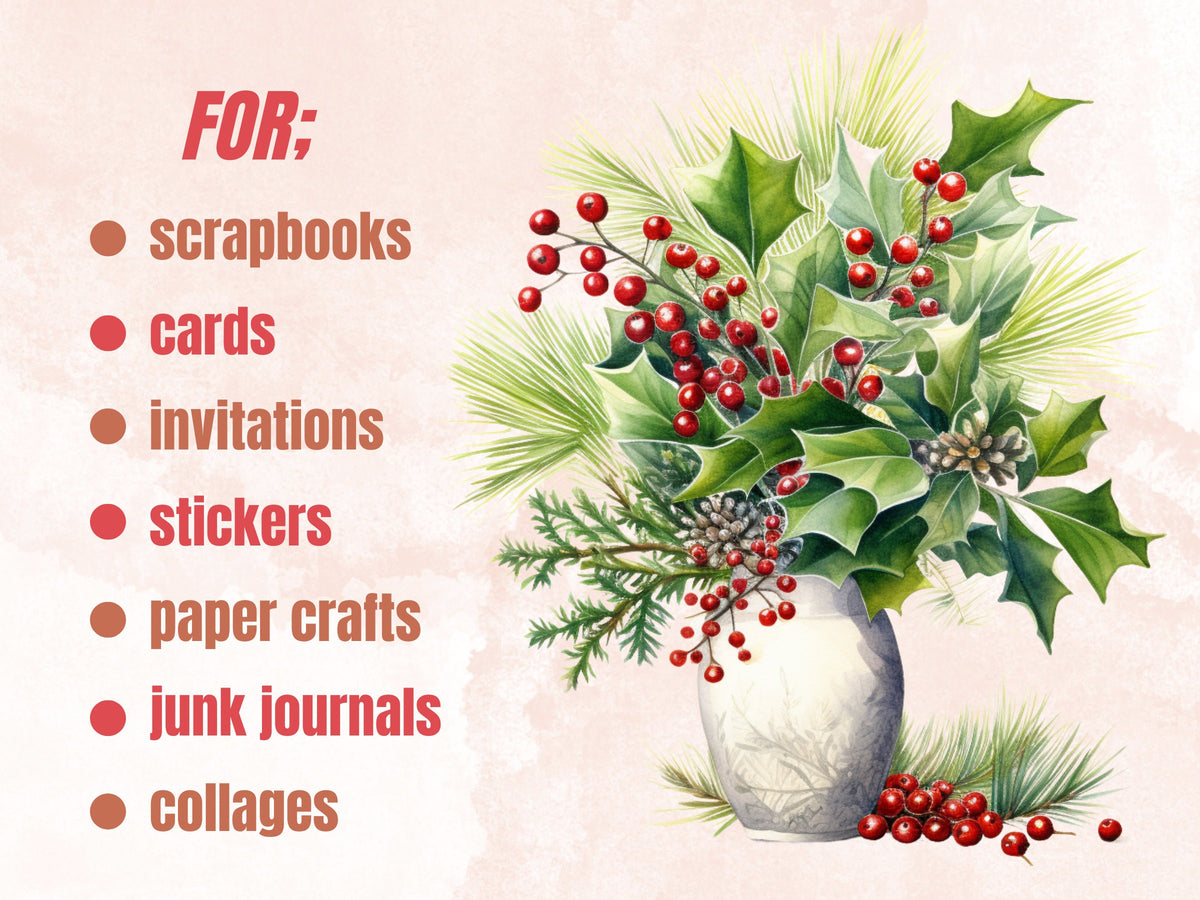 35 PNG Watercolor Christmas Greenery Clipart, Merry Christmas Botanical Clip art, Winter Arrangement Graphic png, Xmas Noel Sublimation