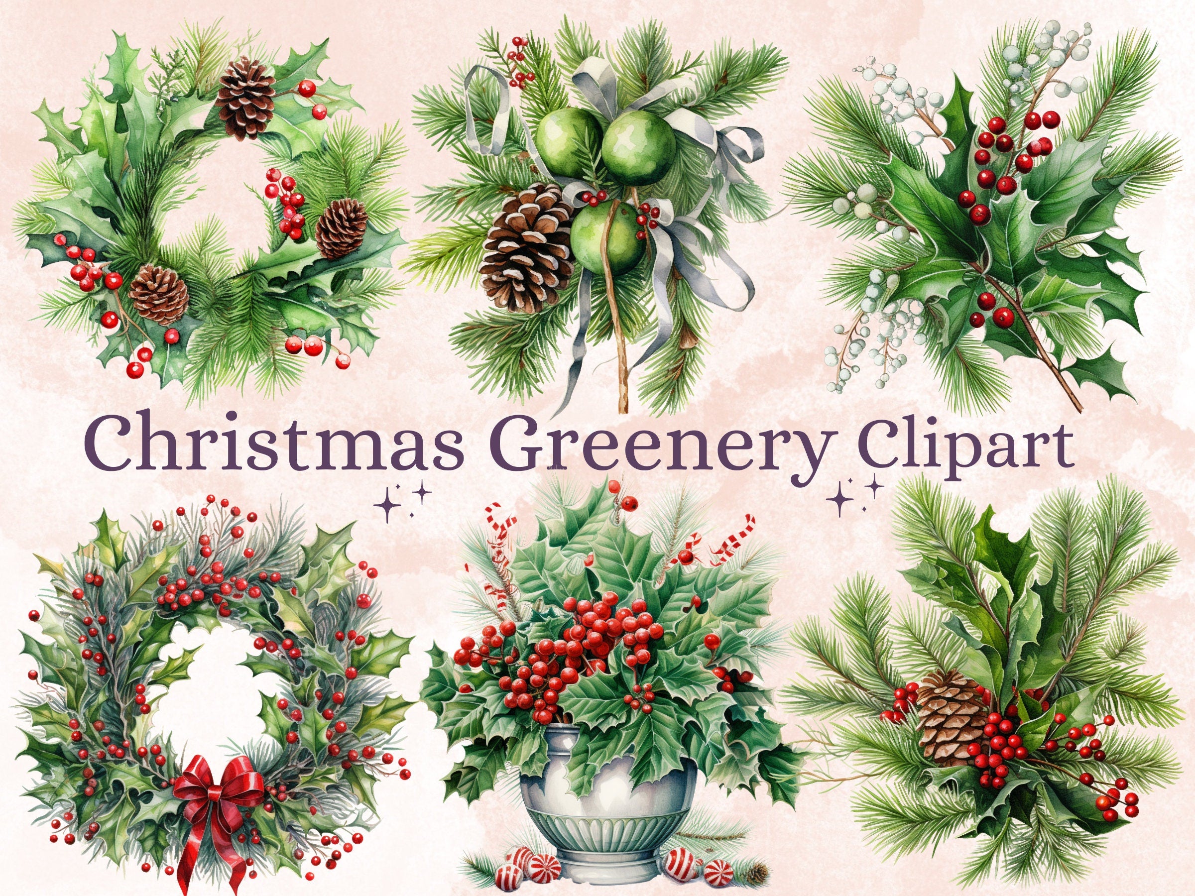 35 PNG Watercolor Christmas Greenery Clipart, Merry Christmas Botanical Clip art, Winter Arrangement Graphic png, Xmas Noel Sublimation