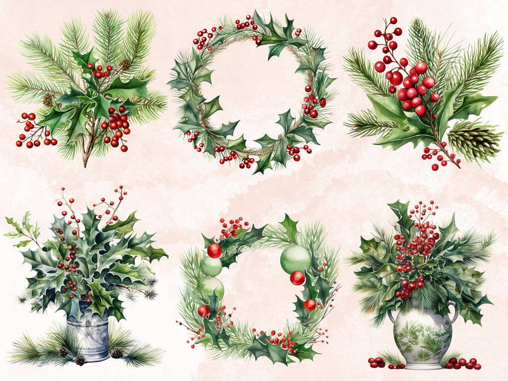35 PNG Watercolor Christmas Greenery Clipart, Merry Christmas Botanical Clip art, Winter Arrangement Graphic png, Xmas Noel Sublimation