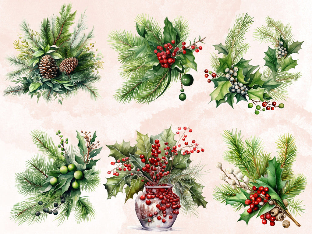 35 PNG Watercolor Christmas Greenery Clipart, Merry Christmas Botanical Clip art, Winter Arrangement Graphic png, Xmas Noel Sublimation