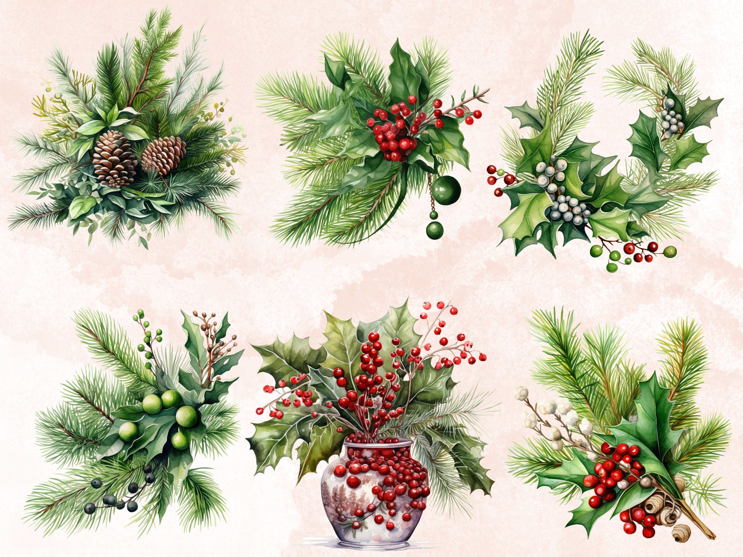 35 PNG Watercolor Christmas Greenery Clipart, Merry Christmas Botanical Clip art, Winter Arrangement Graphic png, Xmas Noel Sublimation