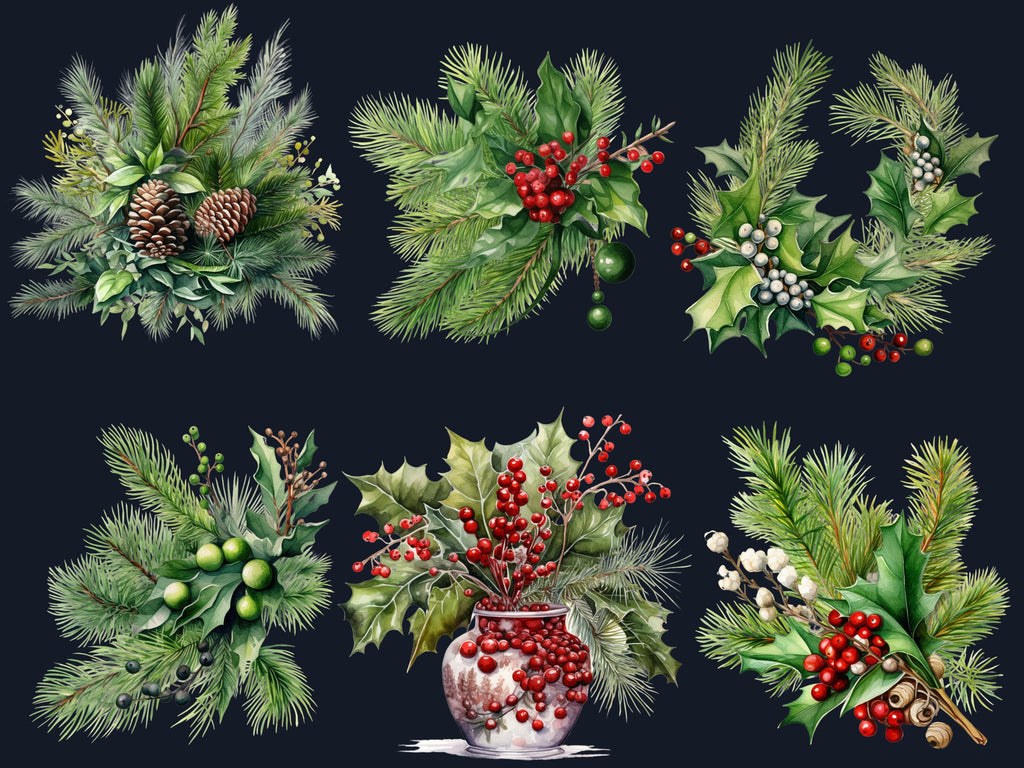 35 PNG Watercolor Christmas Greenery Clipart, Merry Christmas Botanical Clip art, Winter Arrangement Graphic png, Xmas Noel Sublimation