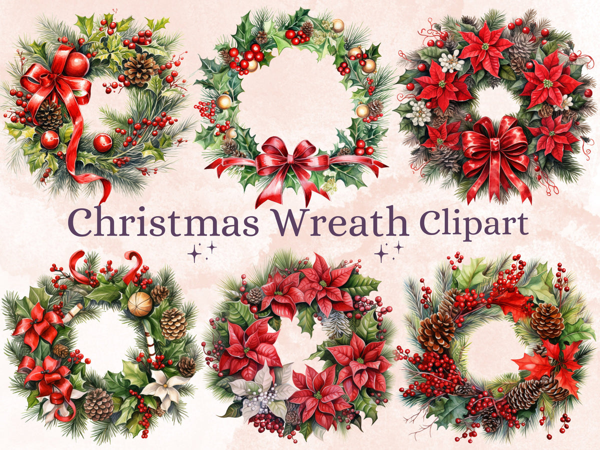 27 PNG Watercolor Christmas Wreath Clipart, Merry Christmas Holiday Wreath Clip art, Winter Greenery Frames png, Xmas Noel Sublimation
