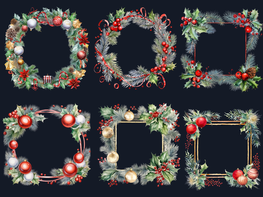 24 PNG Watercolor Christmas Frames Clipart, Merry Christmas Holiday Wreath Clip art, Winter Greenery Border png, Xmas Noel Sublimation