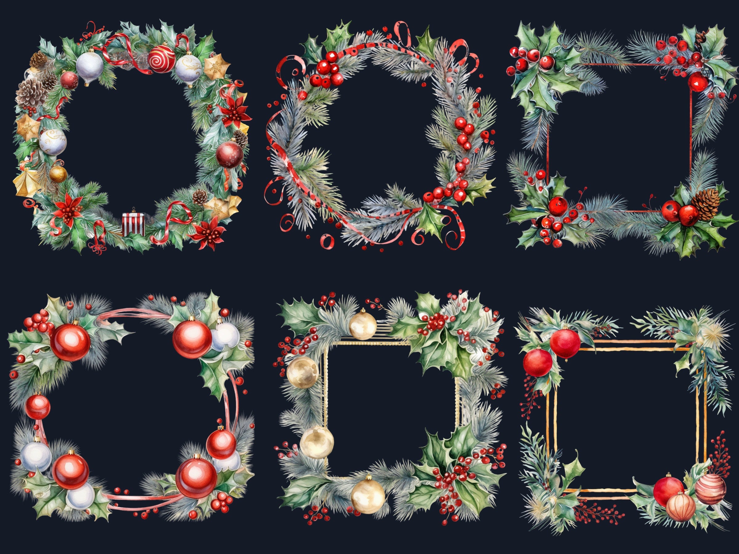 24 PNG Watercolor Christmas Frames Clipart, Merry Christmas Holiday Wreath Clip art, Winter Greenery Border png, Xmas Noel Sublimation