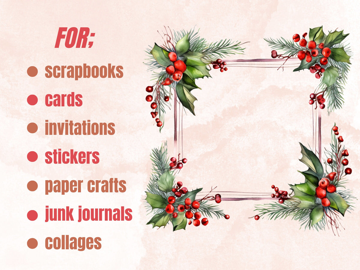 24 PNG Watercolor Christmas Frames Clipart, Merry Christmas Holiday Wreath Clip art, Winter Greenery Border png, Xmas Noel Sublimation