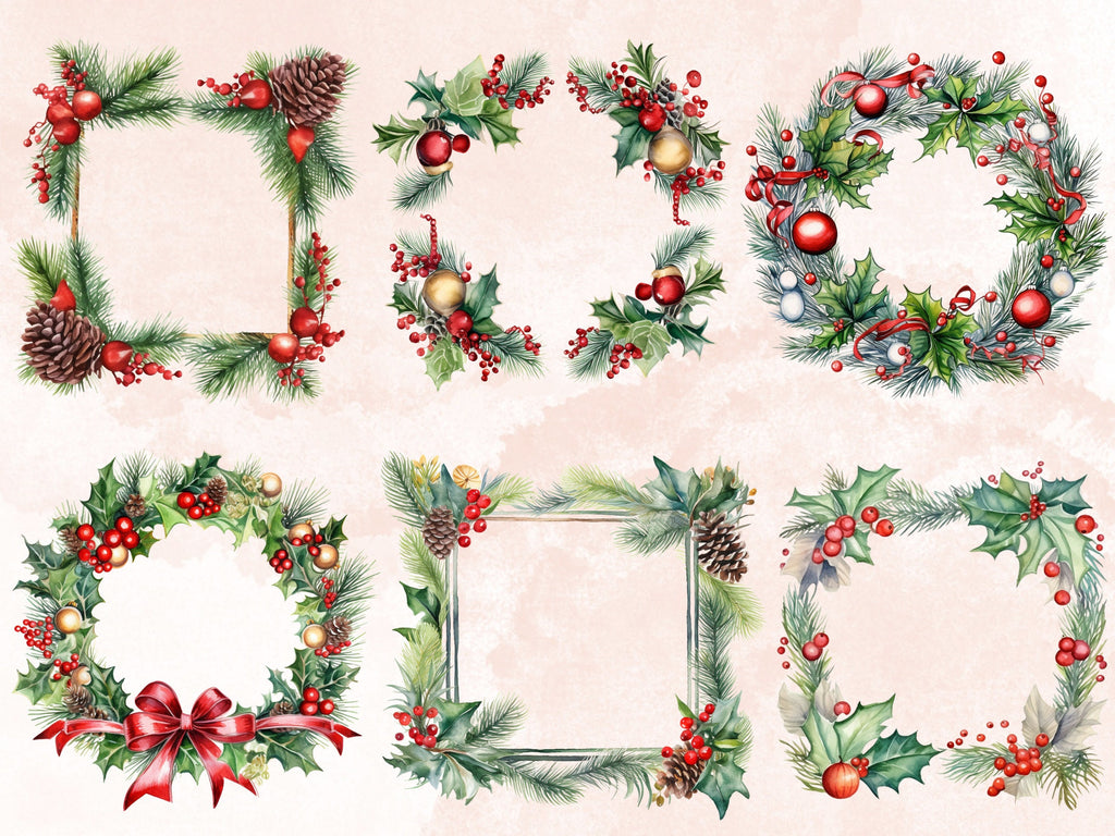 24 PNG Watercolor Christmas Frames Clipart, Merry Christmas Holiday Wreath Clip art, Winter Greenery Border png, Xmas Noel Sublimation