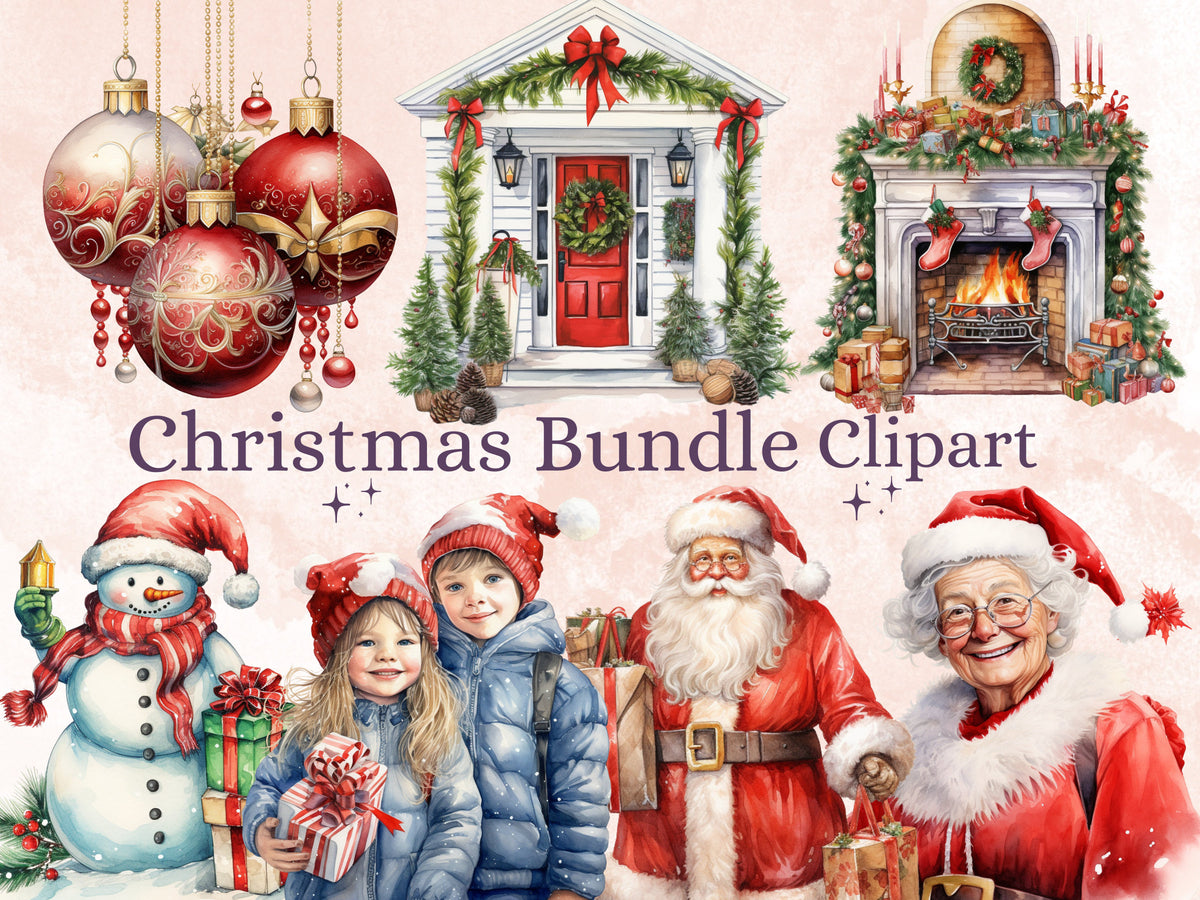 40 PNG Watercolour Christmas Bundle Clipart, Merry Christmas Illustrations Clip art, Winter Holiday png, Xmas Noel Sublimation, Junk Journal