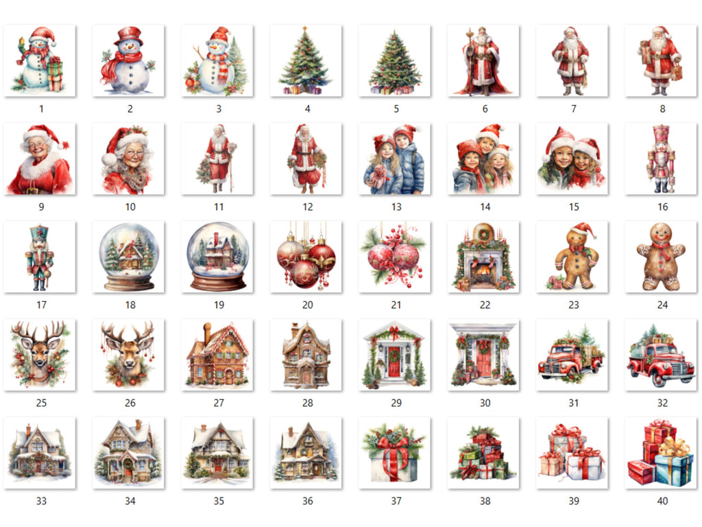 40 PNG Watercolour Christmas Bundle Clipart, Merry Christmas Illustrations Clip art, Winter Holiday png, Xmas Noel Sublimation, Junk Journal