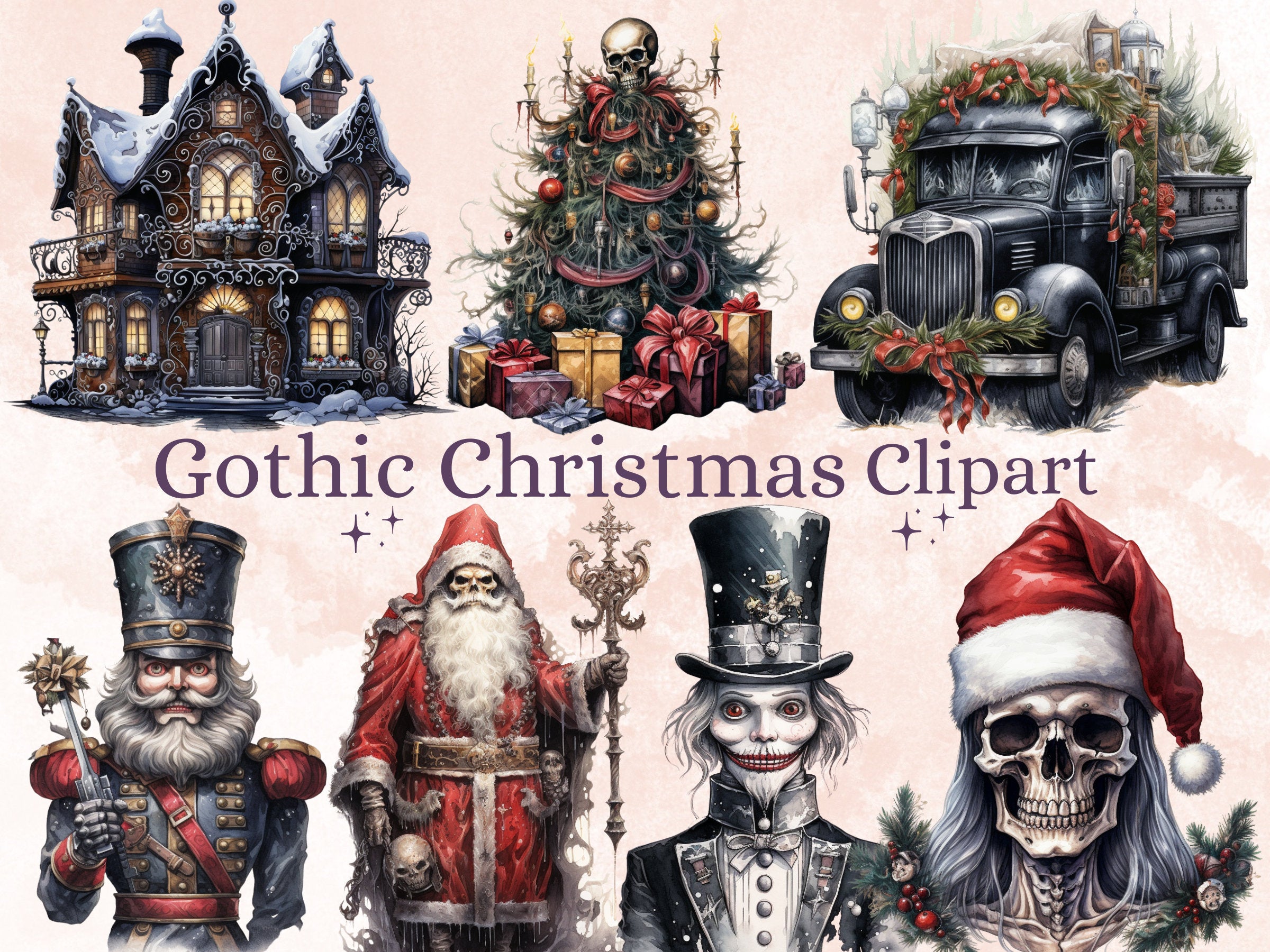 42 PNG Watercolour Gothic Creepy Christmas Bundle Clipart, Spooky Dark Christmas Illustrations, Winter Holiday png, Xmas Noel Sublimation