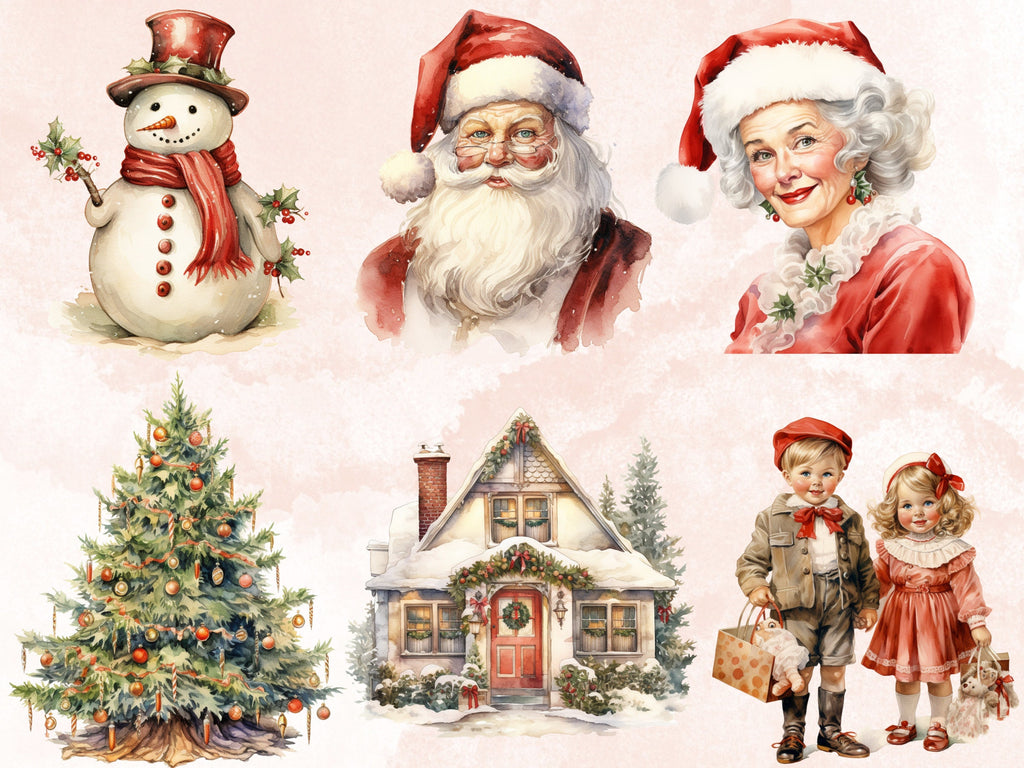 42 PNG Watercolour Vintage Christmas Bundle Clipart, Retro Christmas Illustrations Clip art, Winter Holiday png, Xmas Sublimation Ephemera