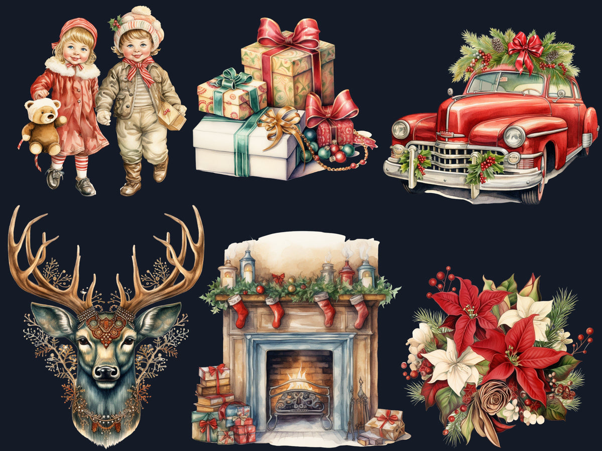 42 PNG Watercolour Vintage Christmas Bundle Clipart, Retro Christmas Illustrations Clip art, Winter Holiday png, Xmas Sublimation Ephemera