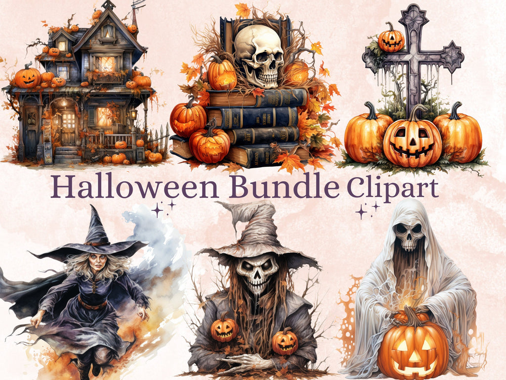 40 PNG Watercolour Halloween Bundle Clipart, Happy Halloween Illustrations Clip art, Cozy Fall Witchcraft png, Autumn Pumpkin Sublimation