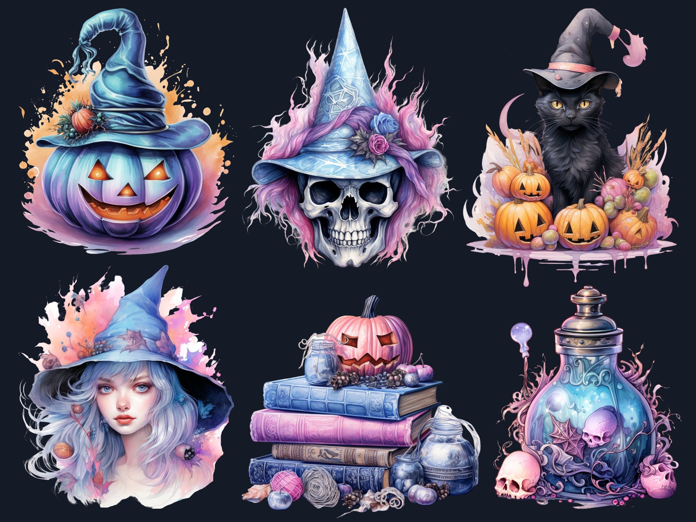 40 PNG Watercolour Pastel Halloween Bundle Clipart, Cute Pink Halloween Illustrations Clip art, Witchcraft png, Pastelloween Sublimation
