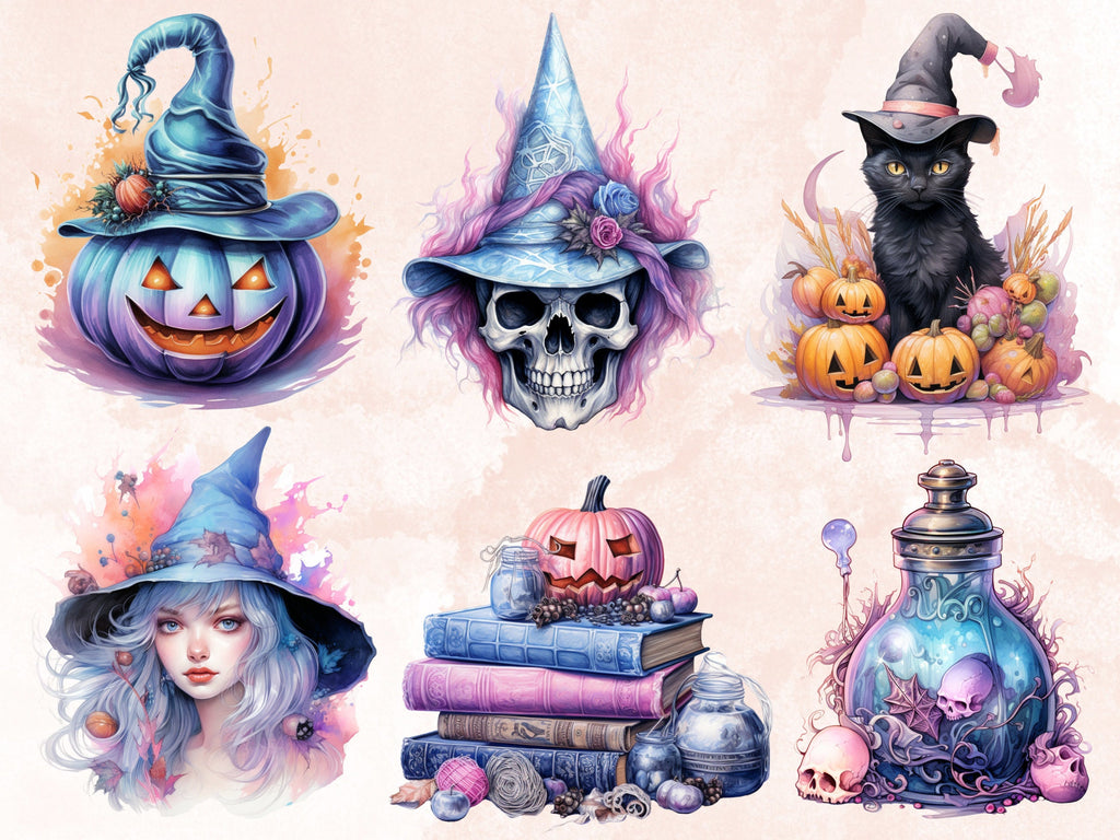 40 PNG Watercolour Pastel Halloween Bundle Clipart, Cute Pink Halloween Illustrations Clip art, Witchcraft png, Pastelloween Sublimation