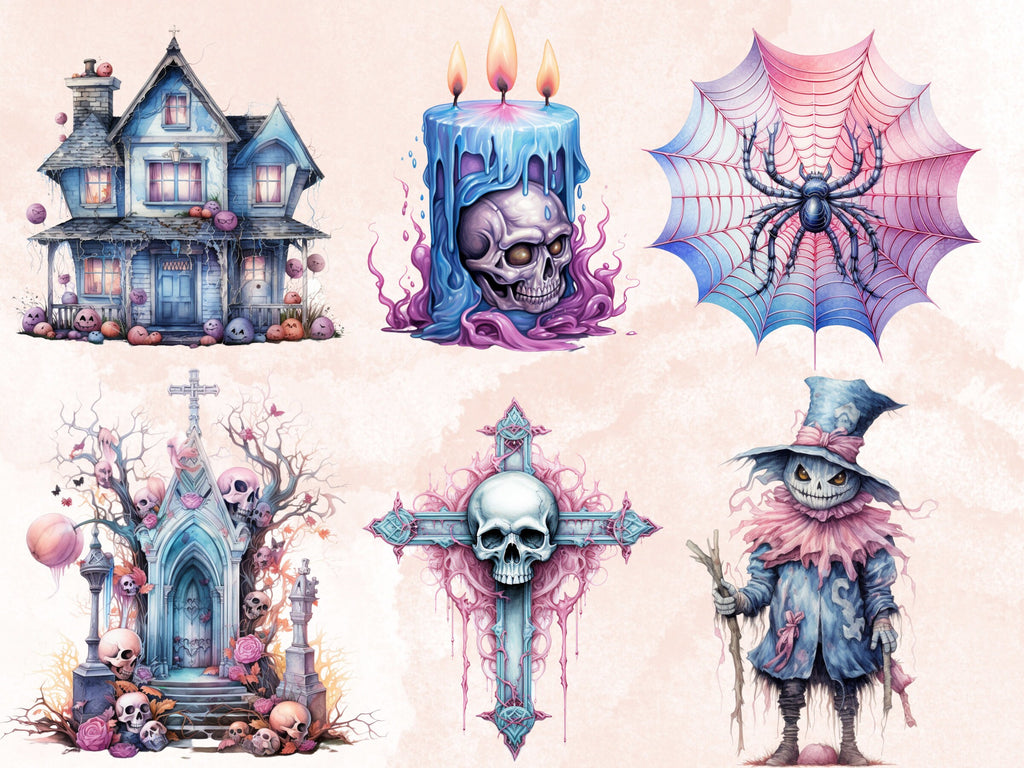 40 PNG Watercolour Pastel Halloween Bundle Clipart, Cute Pink Halloween Illustrations Clip art, Witchcraft png, Pastelloween Sublimation