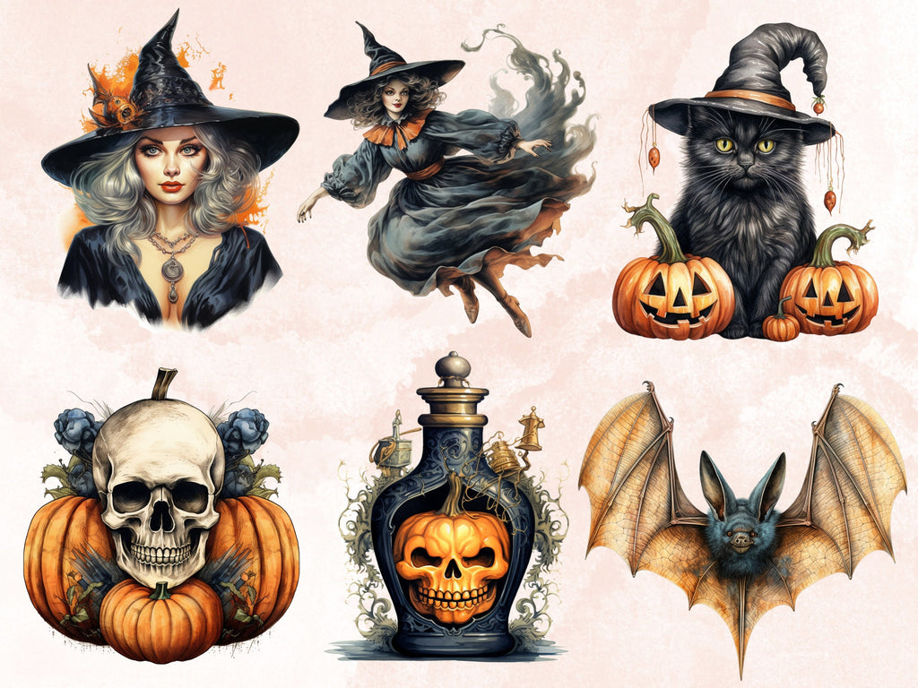 40 PNG Watercolour Vintage Halloween Bundle Clipart, Retro Halloween Illustrations Clip art, Fall Witchcraft png, Autumn Pumpkin Sublimation