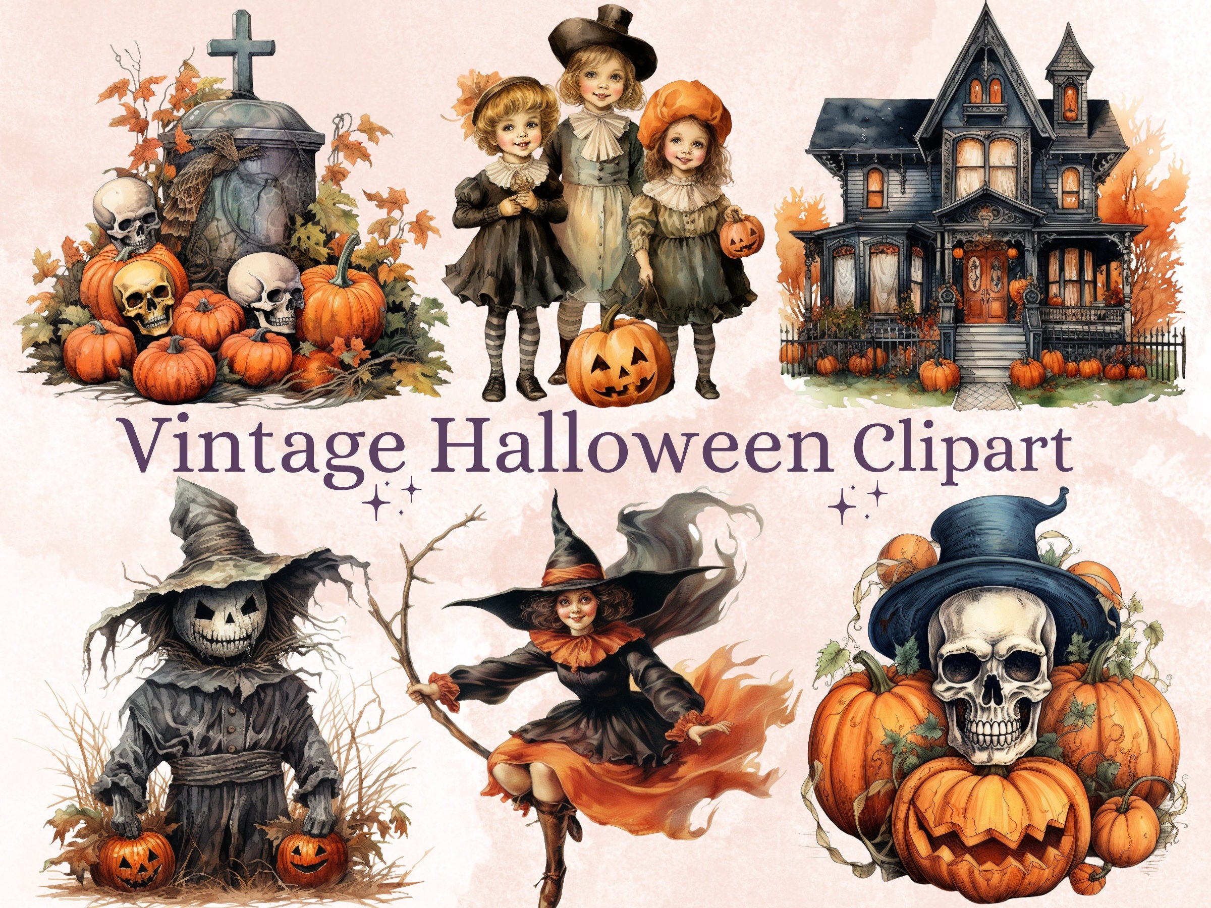 40 PNG Watercolour Vintage Halloween Bundle Clipart, Retro Halloween Illustrations Clip art, Fall Witchcraft png, Autumn Pumpkin Sublimation