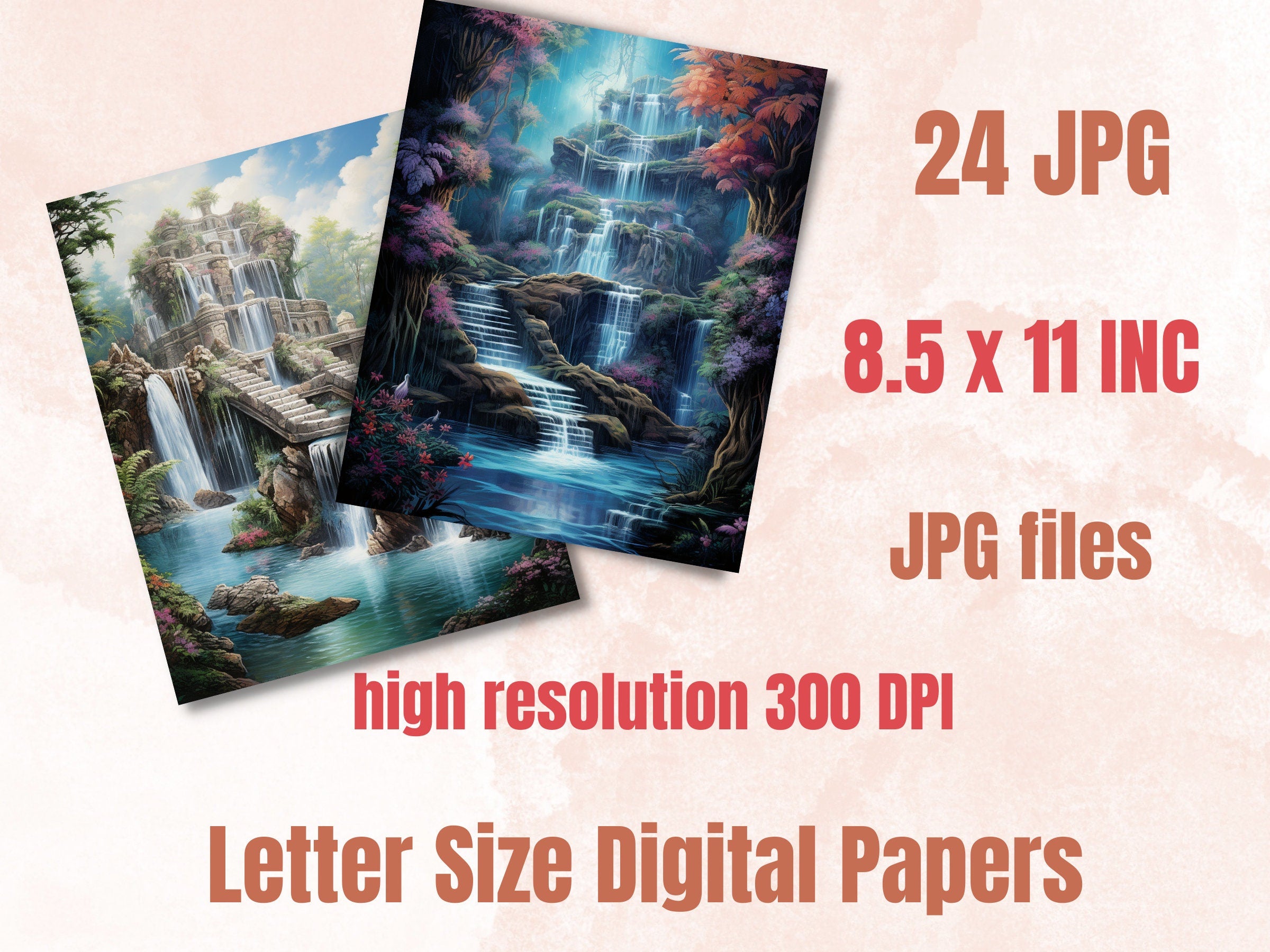 Printable Fantasy Waterfall Digital Paper, Mountain River Background, Magical Nature Landscape Backdrop, Download Junk Journal, Scrapbooking