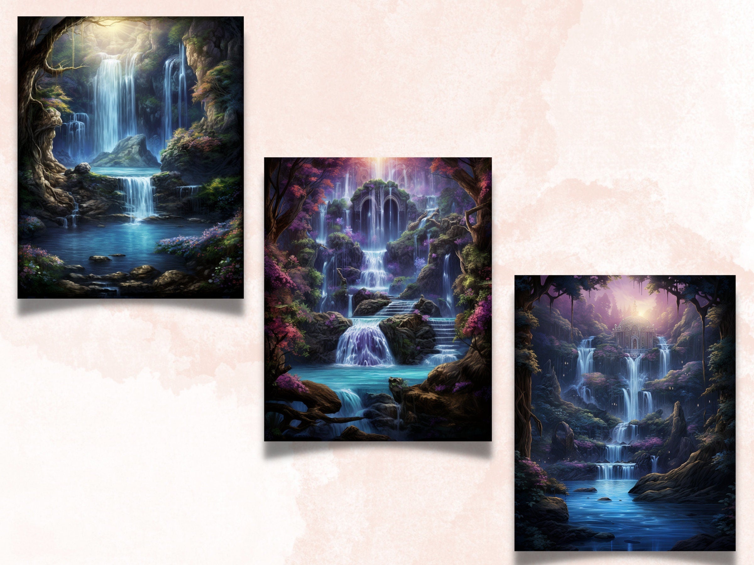 Printable Fantasy Waterfall Digital Paper, Mountain River Background, Magical Nature Landscape Backdrop, Download Junk Journal, Scrapbooking