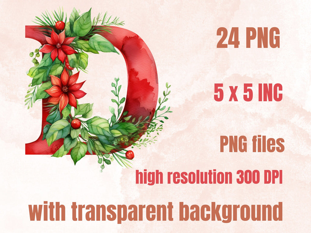 24 PNG Watercolour Red Christmas Alphabet Clipart, Christmas Letters Clip art, Christmas Font png, Xmas Noel Floral Alphabet Sublimation