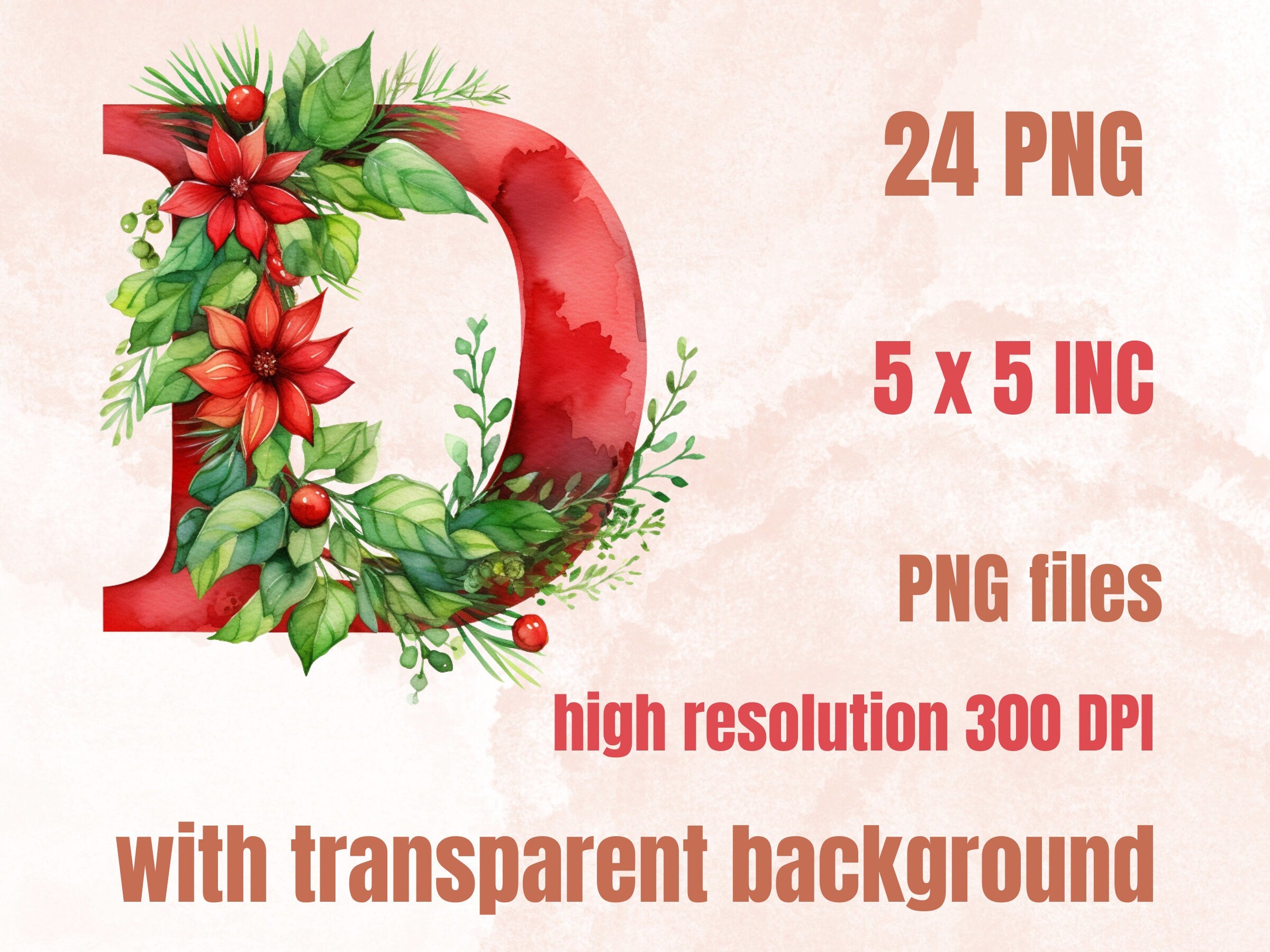 24 PNG Watercolour Red Christmas Alphabet Clipart, Christmas Letters Clip art, Christmas Font png, Xmas Noel Floral Alphabet Sublimation