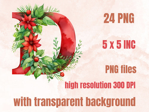 24 PNG Watercolour Red Christmas Alphabet Clipart, Christmas Letters Clip art, Christmas Font png, Xmas Noel Floral Alphabet Sublimation