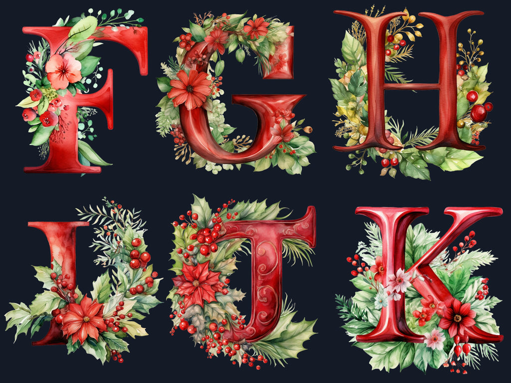24 PNG Watercolour Red Christmas Alphabet Clipart, Christmas Letters Clip art, Christmas Font png, Xmas Noel Floral Alphabet Sublimation