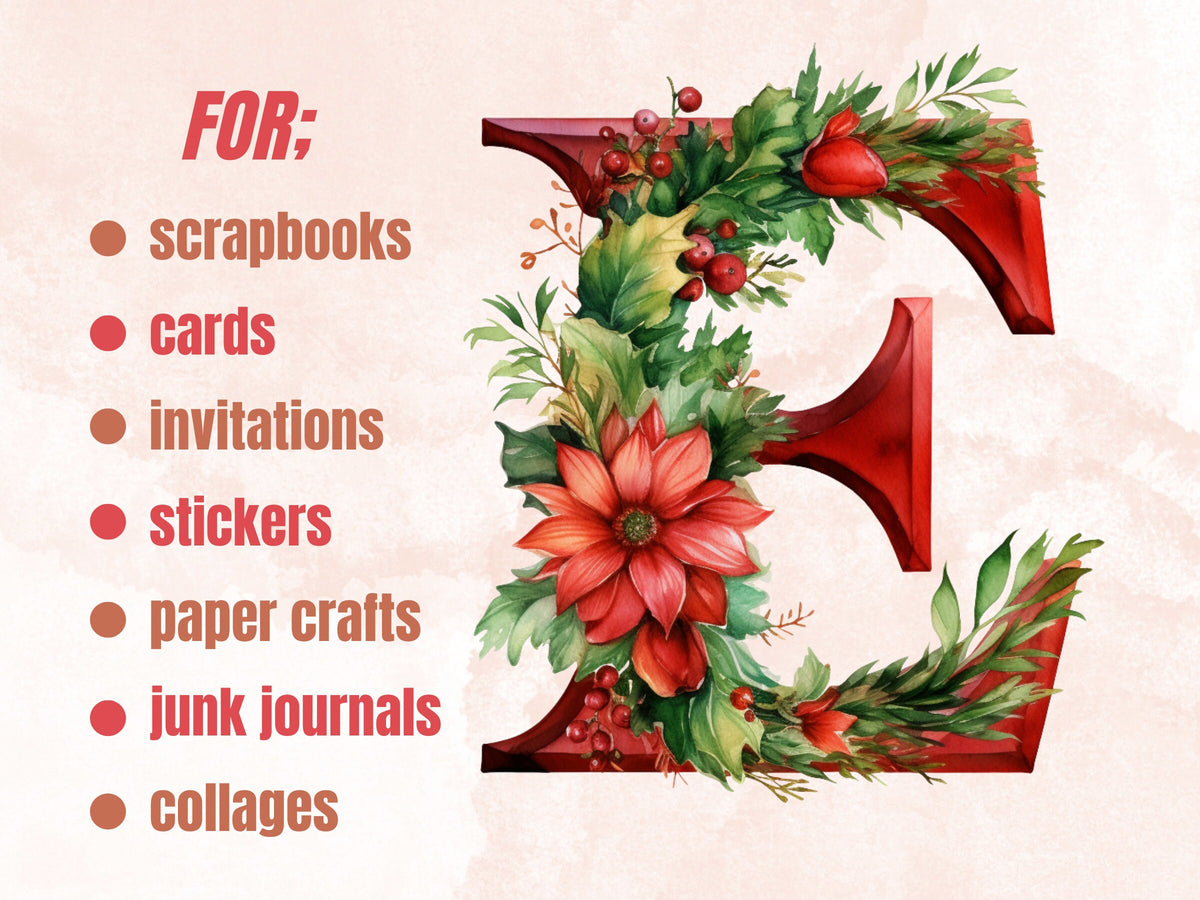 24 PNG Watercolour Red Christmas Alphabet Clipart, Christmas Letters Clip art, Christmas Font png, Xmas Noel Floral Alphabet Sublimation