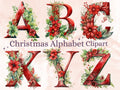 24 PNG Watercolour Red Christmas Alphabet Clipart, Christmas Letters Clip art, Christmas Font png, Xmas Noel Floral Alphabet Sublimation