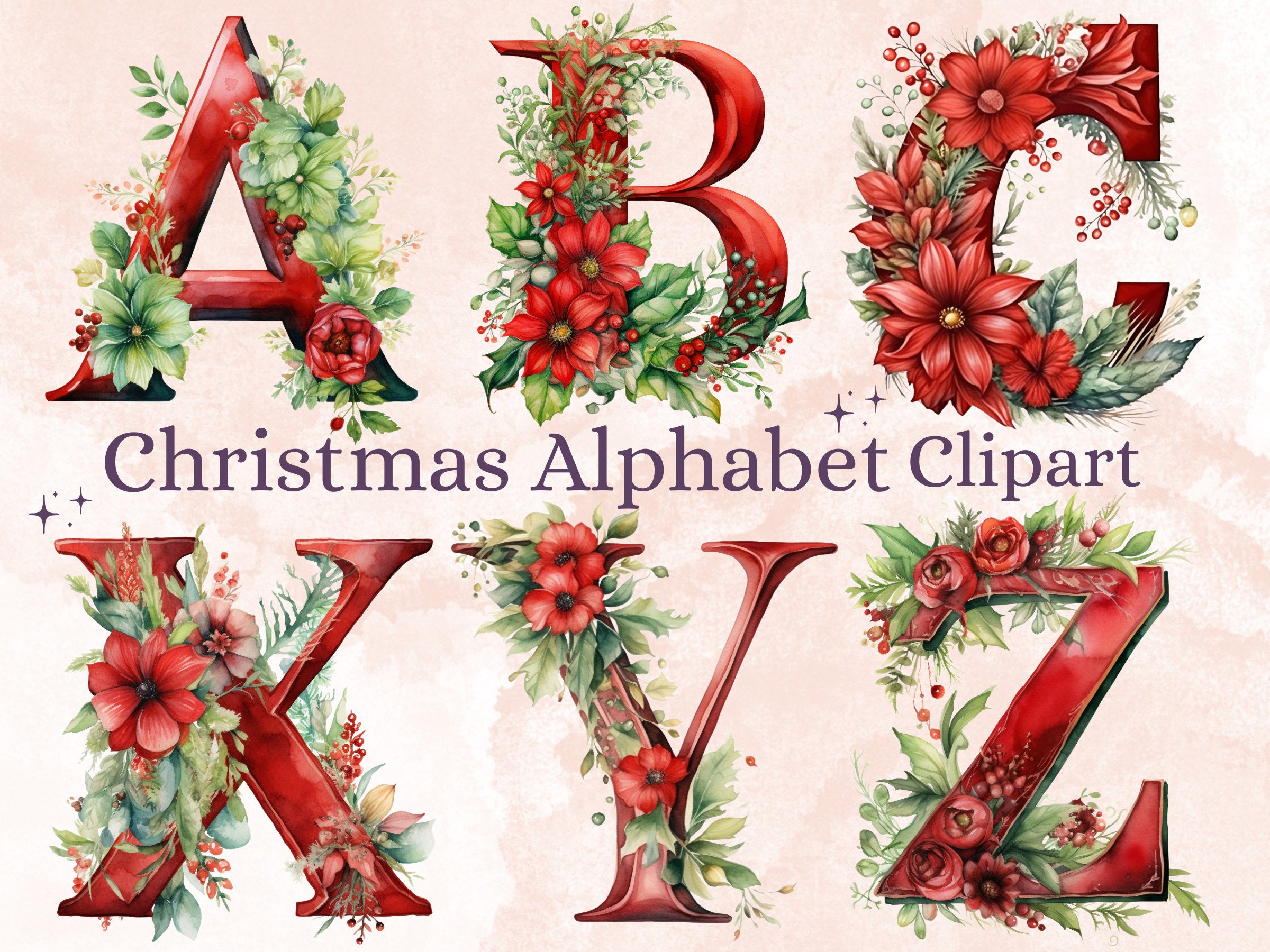 24 PNG Watercolour Red Christmas Alphabet Clipart, Christmas Letters Clip art, Christmas Font png, Xmas Noel Floral Alphabet Sublimation