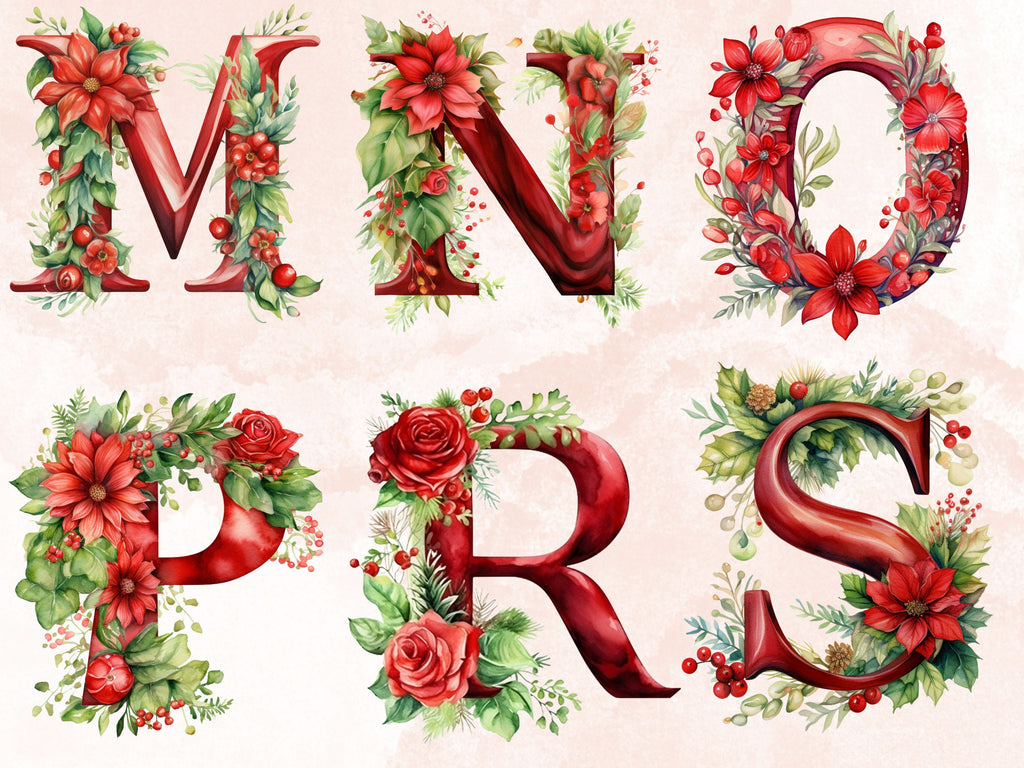 24 PNG Watercolour Red Christmas Alphabet Clipart, Christmas Letters Clip art, Christmas Font png, Xmas Noel Floral Alphabet Sublimation