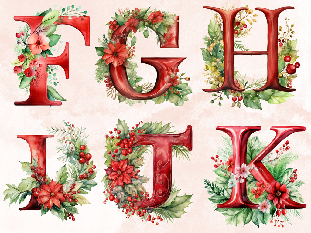 24 PNG Watercolour Red Christmas Alphabet Clipart, Christmas Letters Clip art, Christmas Font png, Xmas Noel Floral Alphabet Sublimation