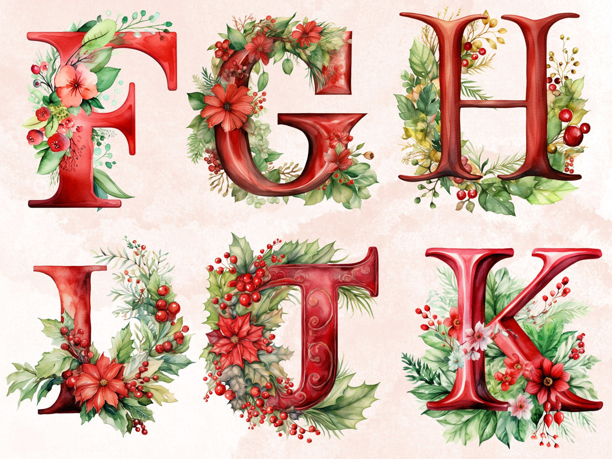 24 PNG Watercolour Red Christmas Alphabet Clipart, Christmas Letters Clip art, Christmas Font png, Xmas Noel Floral Alphabet Sublimation
