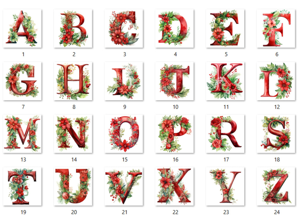 24 PNG Watercolour Red Christmas Alphabet Clipart, Christmas Letters Clip art, Christmas Font png, Xmas Noel Floral Alphabet Sublimation