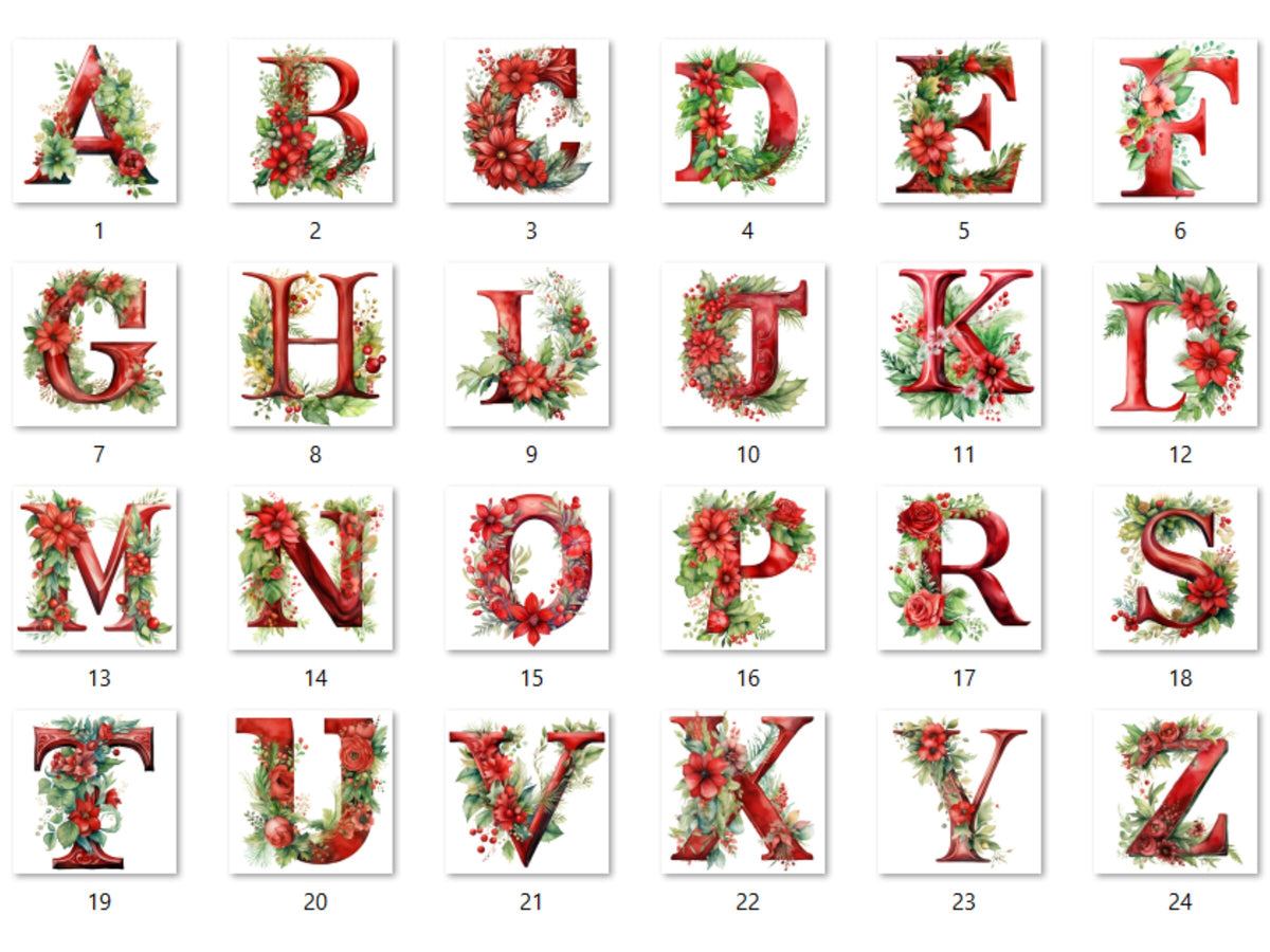 24 PNG Watercolour Red Christmas Alphabet Clipart, Christmas Letters Clip art, Christmas Font png, Xmas Noel Floral Alphabet Sublimation