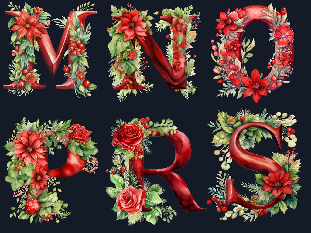 24 PNG Watercolour Red Christmas Alphabet Clipart, Christmas Letters Clip art, Christmas Font png, Xmas Noel Floral Alphabet Sublimation