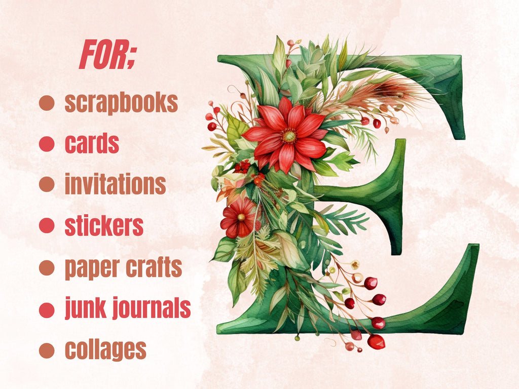 26 PNG Watercolour Green Christmas Alphabet Clipart, Christmas Letters Clip art, Christmas Font png, Xmas Noel Floral Alphabet Sublimation